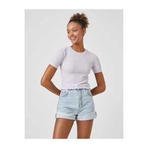 Koton Crop T-Shirt, Textured Crew Neck Short Sleeve Viscose Blend.