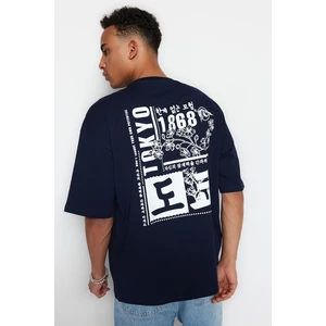 Trendyol Navy Blue Men's Oversize/Wide Cut, Far Eastern Printed 100% Cotton T-Shirt