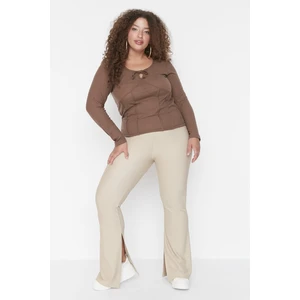 Trendyol Curve Beige Spanish Leg Knitted High Waist Slit Detailed Trousers