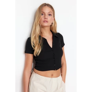 Trendyol Black Button Detail Fitted/Situated Crop Polo Neck Ribbed Stretch Knit Blouse