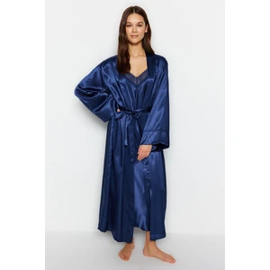 Trendyol Weave Satin Negligee With Indigo Belt