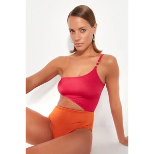 Trendyol Red One-Shoulder Color Block Regular Leg Swimsuit