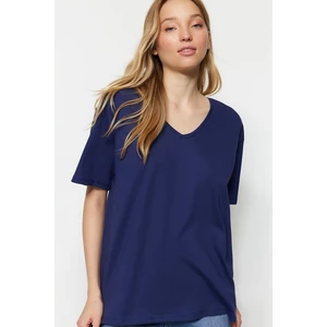 Trendyol Navy Blue 100% Cotton Boyfriend V-Neck Knitted T-Shirt