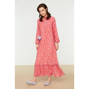 Trendyol Red Floral Patterned Half Pat Skirt Frilly Woven Dress