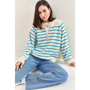 Bianco Lucci Women's Buttoned Collar Turtleneck Striped Knitwear Sweater