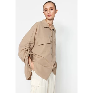 Trendyol Stone Adjustable Sleeves, Shirring Detail Woven Cotton Shirt