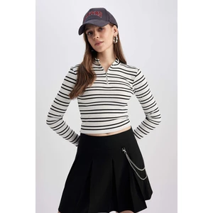 DEFACTO Coool Fitted Shirt Collar Striped Long Sleeve Crop T-Shirt