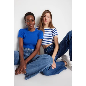 Trendyol Limited Edition Saks-Ecru Saks Striped 2 Pack Viscose Crop Stretchy Knitted Blouse