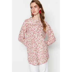 Trendyol Crispy Floral Patterned woven Shirt with a baby pink collar