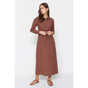 Trendyol Dark Brown Cotton Woven Dress with Smocked Waist