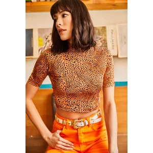 Olalook Women's Orange Leopard Standing Collar Soft Textured Crop Knitted Viscose Blouse