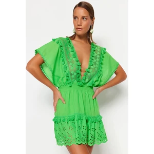 Trendyol Green Mini Woven Embroidery 100% Cotton Beach Dress