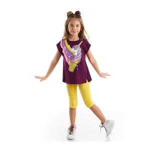 Mushi Unicorn Ice Cream Girl Purple T-shirt with Yellow Leggings Set.