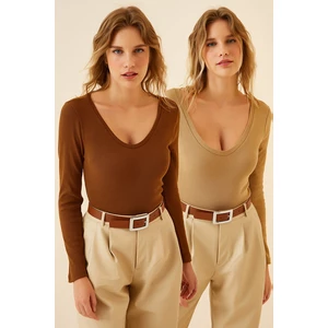 Happiness İstanbul Women's Brown Biscuit V-Neck 2-Pack Knitted Blouse