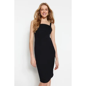Trendyol Black Fitted Midi Dress with Straps and Collar Detail