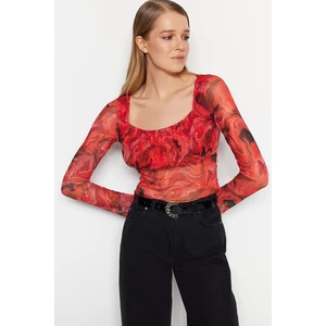 Trendyol Red Patterned See-through Back Fitted/Situated Crop Tulle Stretch Knitted Blouse