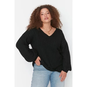 Trendyol Curve Black Lace Detailed V-Neck Knitwear Sweater