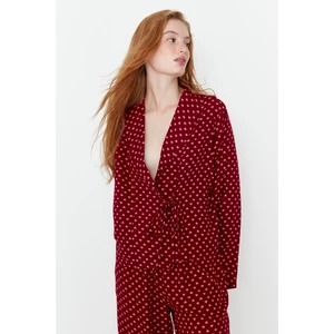 Trendyol Burgundy Heart Pattern Viscose Woven Pajamas Set with Lace-Up Detail