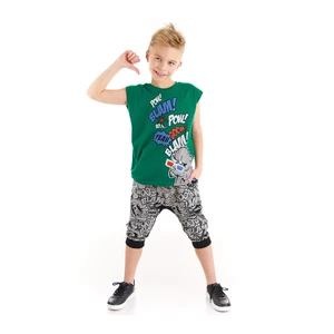 Mushi Comics Dino Boys Sleeveless Green T-shirt Gray Capri Shorts Set