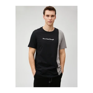 Koton Slogan Printed T-Shirt, Crew Neck Block, Slim Fit Cotton.