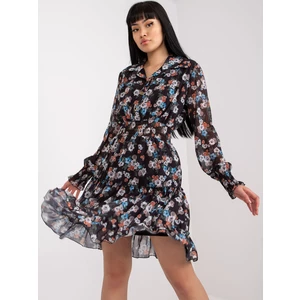 Women's black mini dress with a floral print and a frill