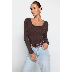 Trendyol Brown Wear/Faded Effect Cotton Long Sleeves Stretchy Knitted Body with Snap Snap Button