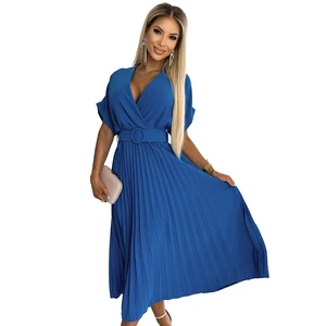 Pleated midi dress with neckline and wide belt Numoco