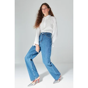 Trendyol Dark Blue Stone Detailed High Waist Wide Leg Jeans