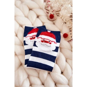 Women's Funny Christmas Socks In Stripes with Santa Claus Navy Blue and White