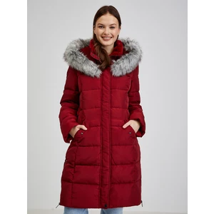 Vínový dámský péřový zimní kabát s kapucí a umělým kožíškem ORSAY - Dámské