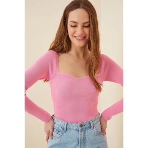 Happiness İstanbul Women's Candy Pink Heart Neck Ribbed Knitwear Sweater