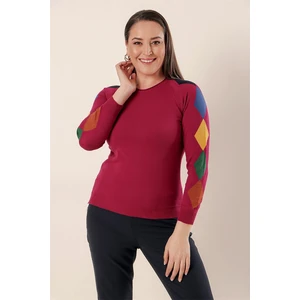By Saygı Sleeves Arrangement Pattern Front Short Back Long Plus Size Acrylic Sweater Fuchsia.
