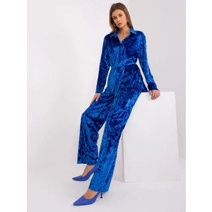 Cobalt blue velvet set with button-down shirt