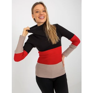 Black and dark beige basic blouse with ribbed turtleneck