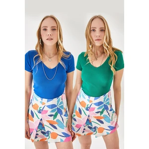 Olalook Women's Sax-Blue Green V-Neck Short Sleeved 2-pack Blouse
