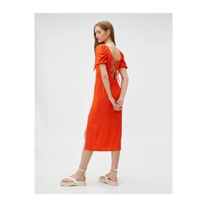 Koton Midi Dress with Balloon Sleeves and a Slit Square Neckline.