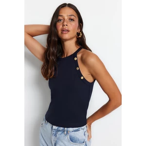 Trendyol Navy Blue Gold Button Detail Fitted/Slipped Halter Neck Crop Smart Knitted Blouse