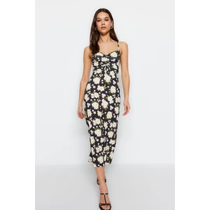 Trendyol Black Floral Pattern Shirred A-Line Midi Sweetheart Neck Straps, Flexible Knitted Dress