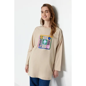 Trendyol Beige Long Sleeve Knitted Printed T-Shirt