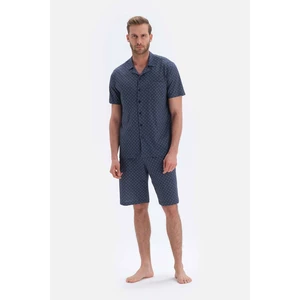 Dagi Navy Blue Printed Shirt Collar Shorts, Knitted Pajamas Set