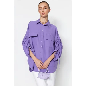 Trendyol Purple Adjustable Shirring Sleeves, Woven Cotton Shirts