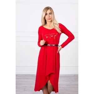 Dress with a decorative belt and an inscription red