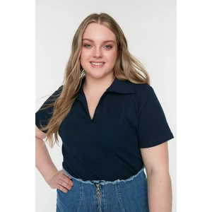 Trendyol Curve Navy Blue Corded Shirt Collar Knitted Blouse