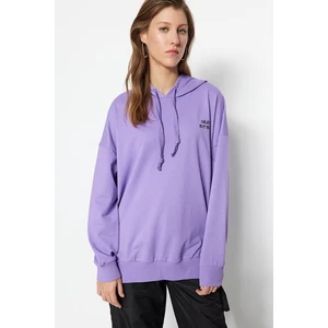 Trendyol Purple Wide Pattern Oversize Knitted Embroidery Detailed Hoodie Sweatshirt