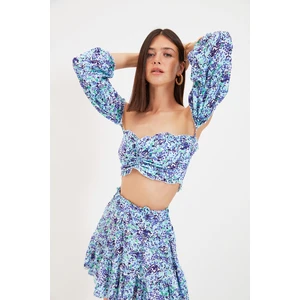 Trendyol Blue Floral Patterned Viscose Bottom-Top Set