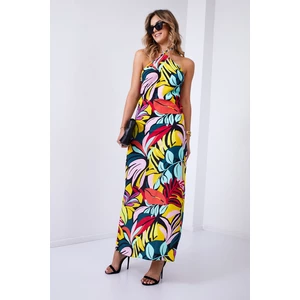Patterned maxi dress with black tie around the neck