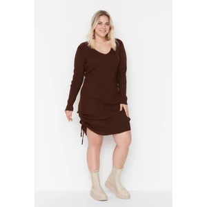 Trendyol Curve Brown Side Pleated Knitwear Dress