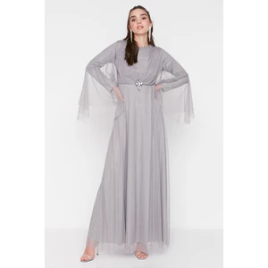 Trendyol Gray Tulle Stone Brooch Detailed Islamic Clothing Evening Dress