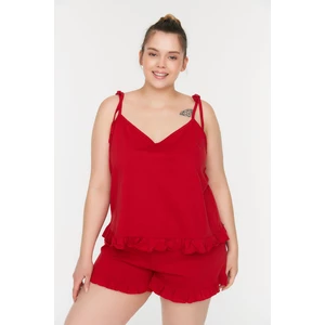 Trendyol Curve Red Ruffle Detailed Strap Knitted Pajamas Set