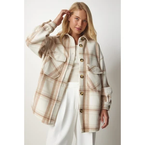 Happiness İstanbul Women's Cream Lumberjack Fleece Shirt Jacket